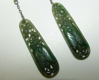 Exquisite,  Long,  Antique Chinese 9 Ct Gold/silver Earrings With Natural Jade