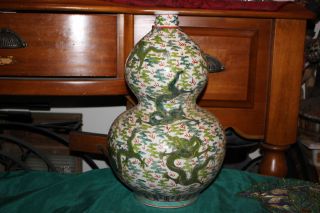 Important Chinese Porcelain Dragon Vase - Signed Bottom - Green Color Dragons