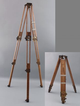 Antique Triple Slide,  Brass & Wood Folding Tripod For Camera,  Telescope Or Lamp