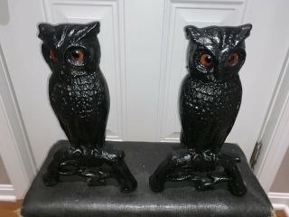 Antique Rostand Cast Iron Owl Andirons W/ Glass Eyes