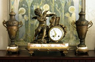 Antique French Mantel Clock & Garniture Set,  Cupid,  Bronzed Spelter & Marble 19c