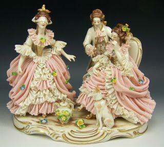 Dresden Lace Gold Trio Grouping With Dog Figurine
