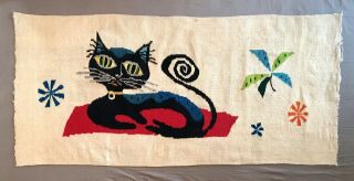 Mid Century Ackerman Era Cat Tapestry Woven Wool Textile Wall Hanging Art