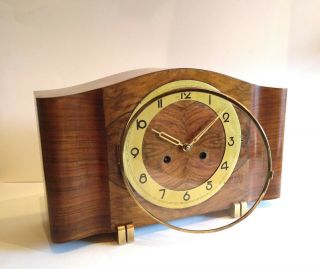 German Kienzle C1930 Art Deco Mantel Clock With Brass Accents Mirrored Burl Teak