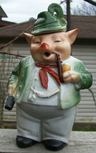 Scarce German Pink Pig Porcelain A Hunting We Will Go Figural Decanter 9 "