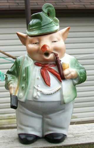 SCARCE GERMAN PINK PIG PORCELAIN A HUNTING WE WILL GO FIGURAL DECANTER 9 