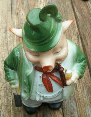 SCARCE GERMAN PINK PIG PORCELAIN A HUNTING WE WILL GO FIGURAL DECANTER 9 