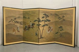 Vintage Japanese Byobu 4 Panel Hand Painted Gold Leaf Folding Screen 48 " X 96 "