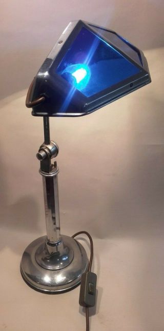 Antique Vintage,  Art Deco Chrome Table Desk Lamp W Striking Blue Glass Shade