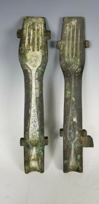 Scarce cast Bronze 18th C spoon & fork molds for pewter or coin silver 3