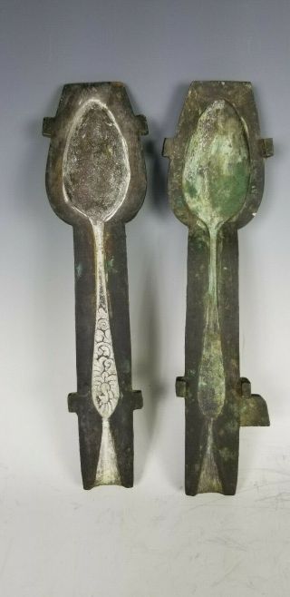 Scarce cast Bronze 18th C spoon & fork molds for pewter or coin silver 7