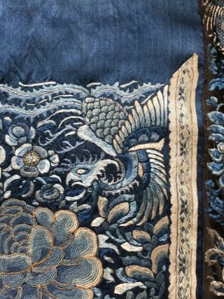 ANTIQUE CHINESE BLUE SILK EMBROIDERED SKIRT.  PEKIN KNOT.  BIRDS,  FLOWERS 11