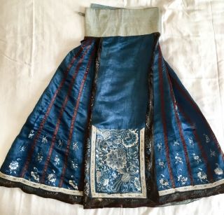 Antique Chinese Blue Silk Embroidered Skirt.  Pekin Knot.  Birds,  Flowers