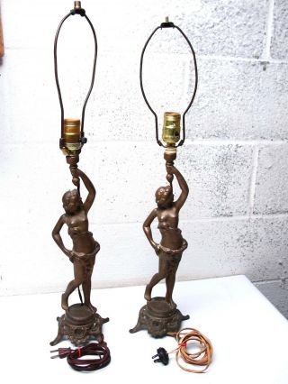 (2) Antique Art Nouveau Brass Lamp Semi Nude Lady