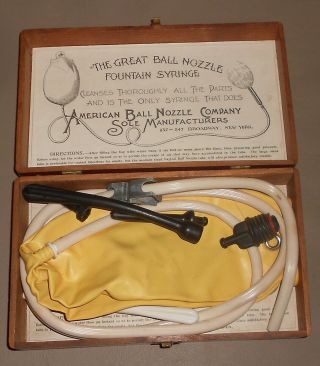 C1895 Antique American Ball Nozzle Fountain Syringe Medical Tool Set In Wood Box
