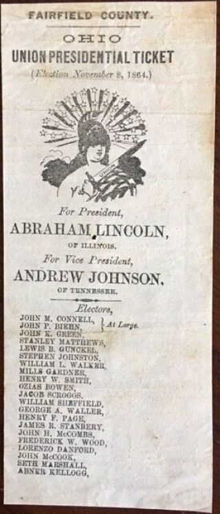 1864 Civil War Abraham Lincoln Fairfield Co. ,  Ohio,  Presidential Ballot 6