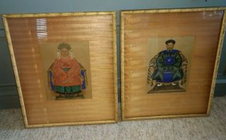 Pair Old Or Antique Chinese Ancestor Portrait Painting