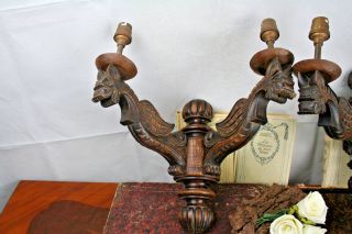 Rare PAIR Antique gothic Dragon Wood carved black forest Wall Lights sconces 2