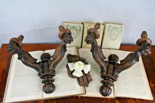 Rare PAIR Antique gothic Dragon Wood carved black forest Wall Lights sconces 3