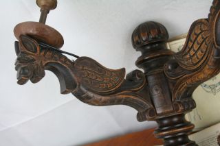 Rare PAIR Antique gothic Dragon Wood carved black forest Wall Lights sconces 5