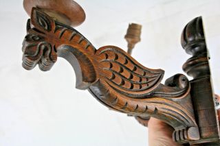 Rare PAIR Antique gothic Dragon Wood carved black forest Wall Lights sconces 6