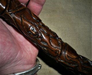 Antique C.  1840 Folk Art Carved Cane Walking Stick Gnomes & Forest Creatures Vafo