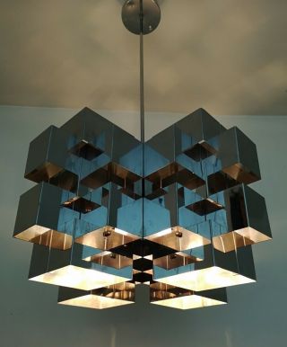 Rare Vtg 1970s Mcm C.  Jere Chrome Mirror Cubist Brutalist Chandelier Light Lamp