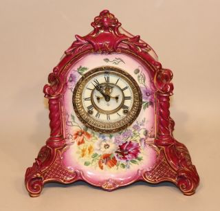 Antique Royal Bonn Germany La Verdon Fuchsia Floral Pottery Ansonia Mantle Clock
