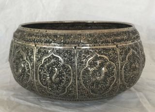 Fine Antique Burmese Repousse Silver Bowl.  Tripod