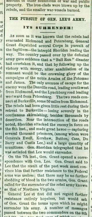 Newspaper Civil War Lee Surrenders at Appomattox Court House 1865 2