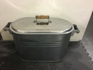 Vintage Boiler Washtub Stainless Steel W/ Lid And Wood Handles