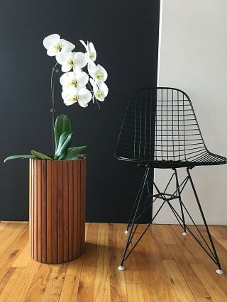 Danish Modern Slat Design Teak Plant Stand Tambour Style With Brass&cork Rare
