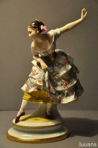 Large Vintage 12 1/4 Inch Volkstedt Porcelain Dresden Ballerina Figurine Germany 2