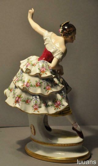 Large Vintage 12 1/4 Inch Volkstedt Porcelain Dresden Ballerina Figurine Germany 5