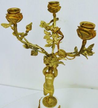 Antique French 3 Branch Bronze & Marble Cherub Figure Clock Candelabras 12