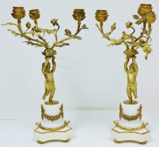 Antique French 3 Branch Bronze & Marble Cherub Figure Clock Candelabras