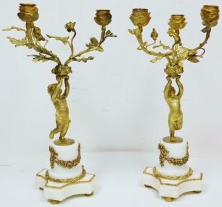 Antique French 3 Branch Bronze & Marble Cherub Figure Clock Candelabras 2