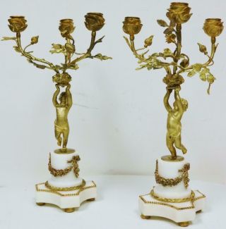 Antique French 3 Branch Bronze & Marble Cherub Figure Clock Candelabras 3