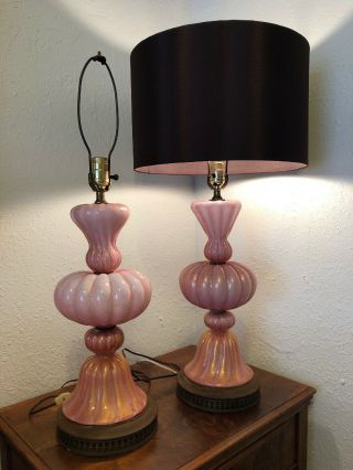 Mid Century Pair Hand Blown Pink/gold Bubble Murano Glass Table Lamp