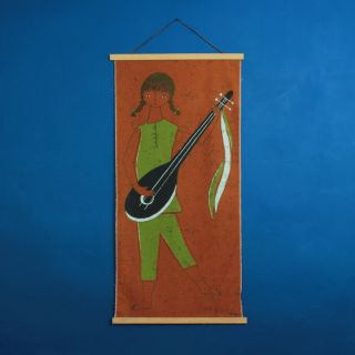 Vintage 1950s 60s Huge Green Girl With Guitar / Lute Fabric Wall Hanging Signed