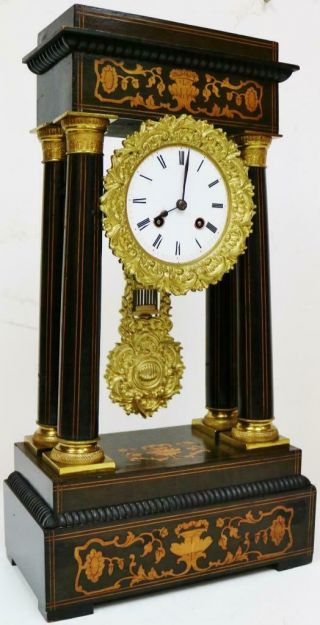 Rare Antique French 8 Day Rosewood & Marquetry Inlaid Portico Mantel Clock 2