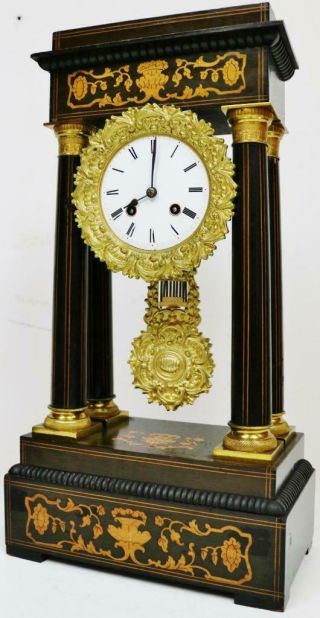 Rare Antique French 8 Day Rosewood & Marquetry Inlaid Portico Mantel Clock 3