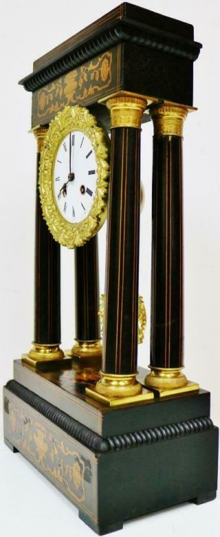 Rare Antique French 8 Day Rosewood & Marquetry Inlaid Portico Mantel Clock 6