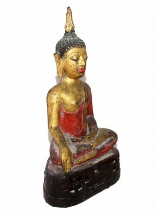 18/19c Thai Bronze Seated Buddha Sculpture W Red & Gold Gilt Accents (rgr)