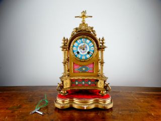 Antique Victorian French Mantel Clock By Japy Freres Sevres Porcelain Gilt Metal