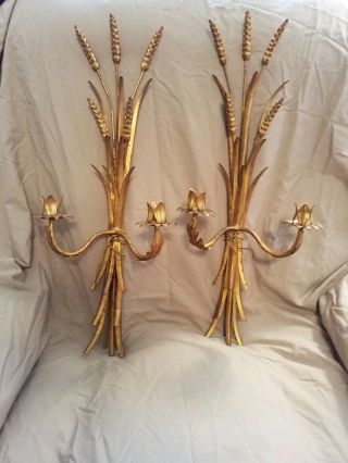 Mid Century Italian Gilt Candle Wall Sconces Pair Wheat Pattern Italy