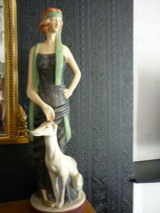 Art Nouveau Lady With Greyhound 26 " Tall Chalkware