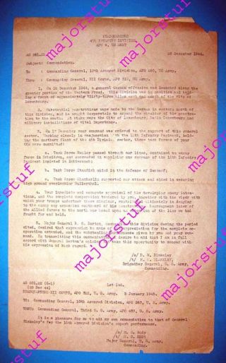 Gens Patton Blakeley Eddy Etc1944 Letter Commends 10th Armd Battle Of Bulge Role