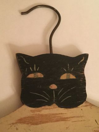 Aafa Vintage 1920’s Fat Black Cat Painted Wooden Childs Hanger Surface