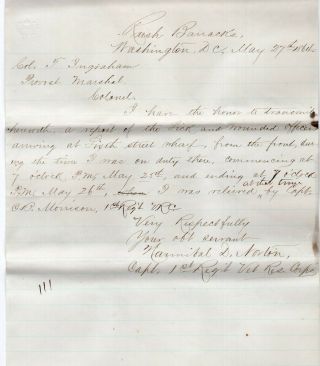 1864 Capt Hannibal Norton Report Arrival Of Sick & Wounded Officers From Front